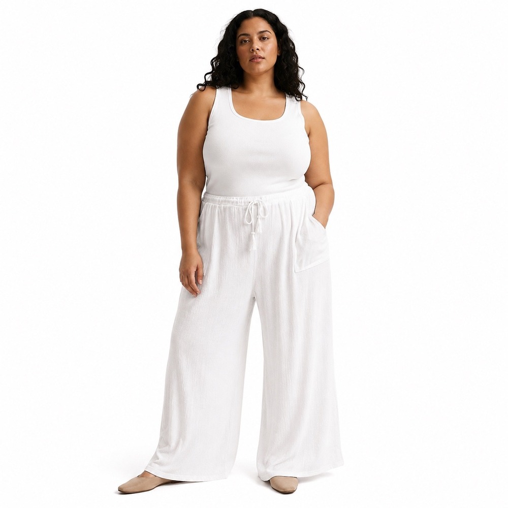 White Wide Leg Lounge Pants Drawstring Waist Coastal Minimalist Beachy 3XL